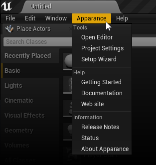 The main Apparance menu