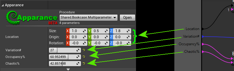 Procedure parameters exposed as editable properties in the detail panel