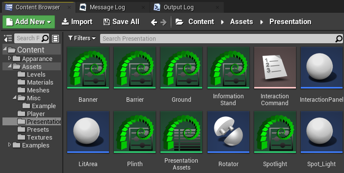 Content Browser showing Presets and Resource List assets in the Examples Project