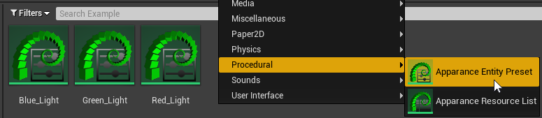 Preset asset creation via the context menu