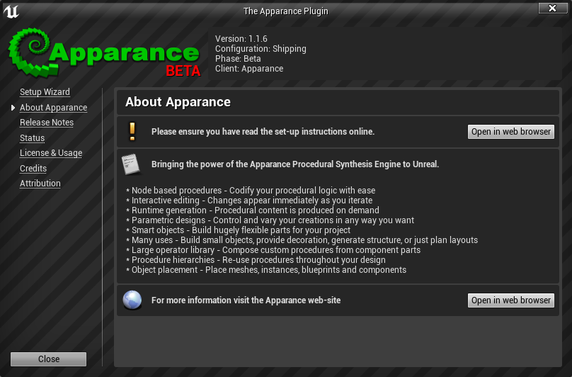 The About Apparance page of the Apparance Information Window